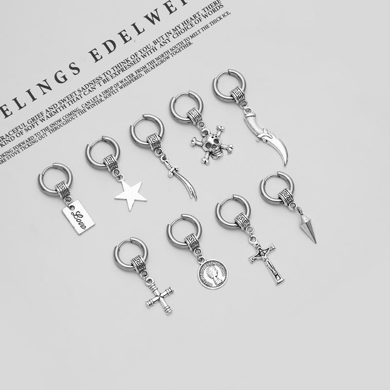 Same Stainless Steel Chain Fringed Earrings Hip Hop Punk Skull Tip Cone Cross Stud Earrings