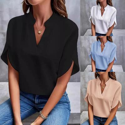 Summer Elegant Women's Blouse New V-neck Short Sleeve Solid Color Loose Shirt Casual White Tops Office Lady Blouses