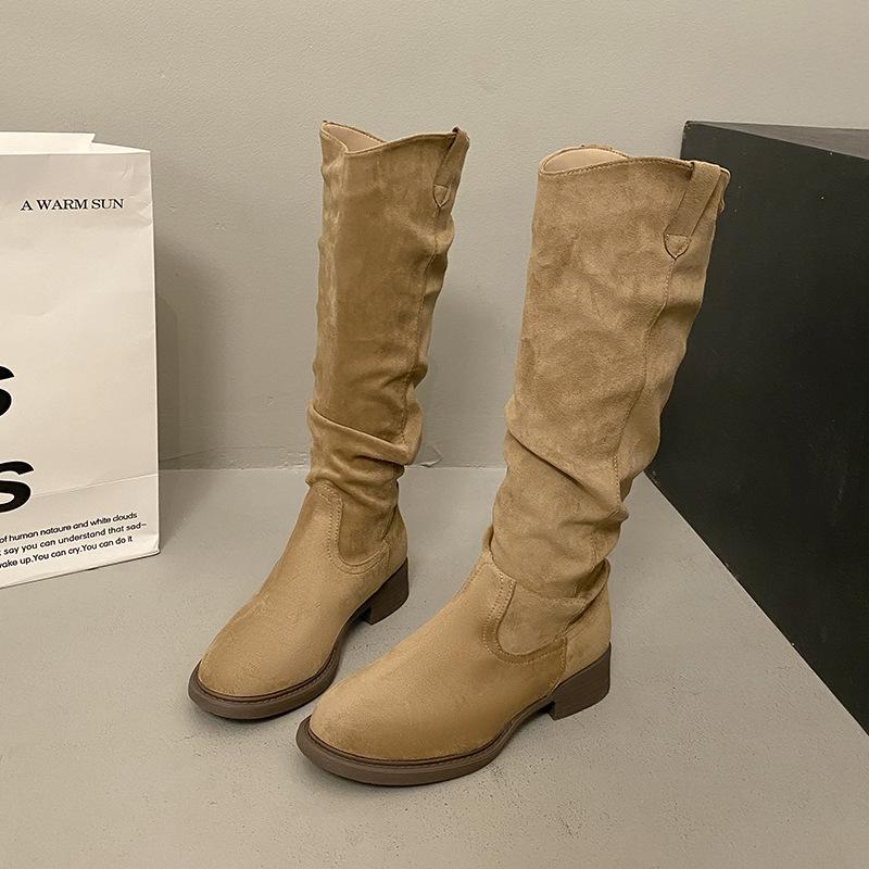 

Pile Boots Vintage Suede Khaki Boots 2025 Women s Boots French Autumn Skinny Boots Thick Heel High Boots 35