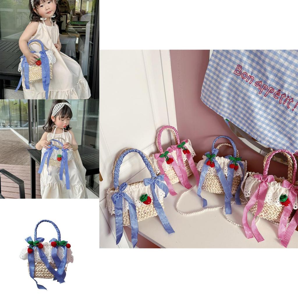 Charming Breathable Straw Woven Kids Crossbody Bag In Cute Strawberry And Cherry Styles