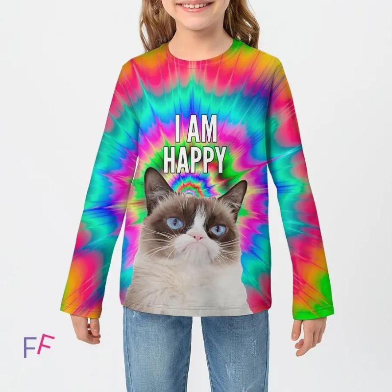 Children's Cartoon Cat Print Colorful Cute T-shirts Boys Long Sleeved Fashionable Soft Comfortable Top
