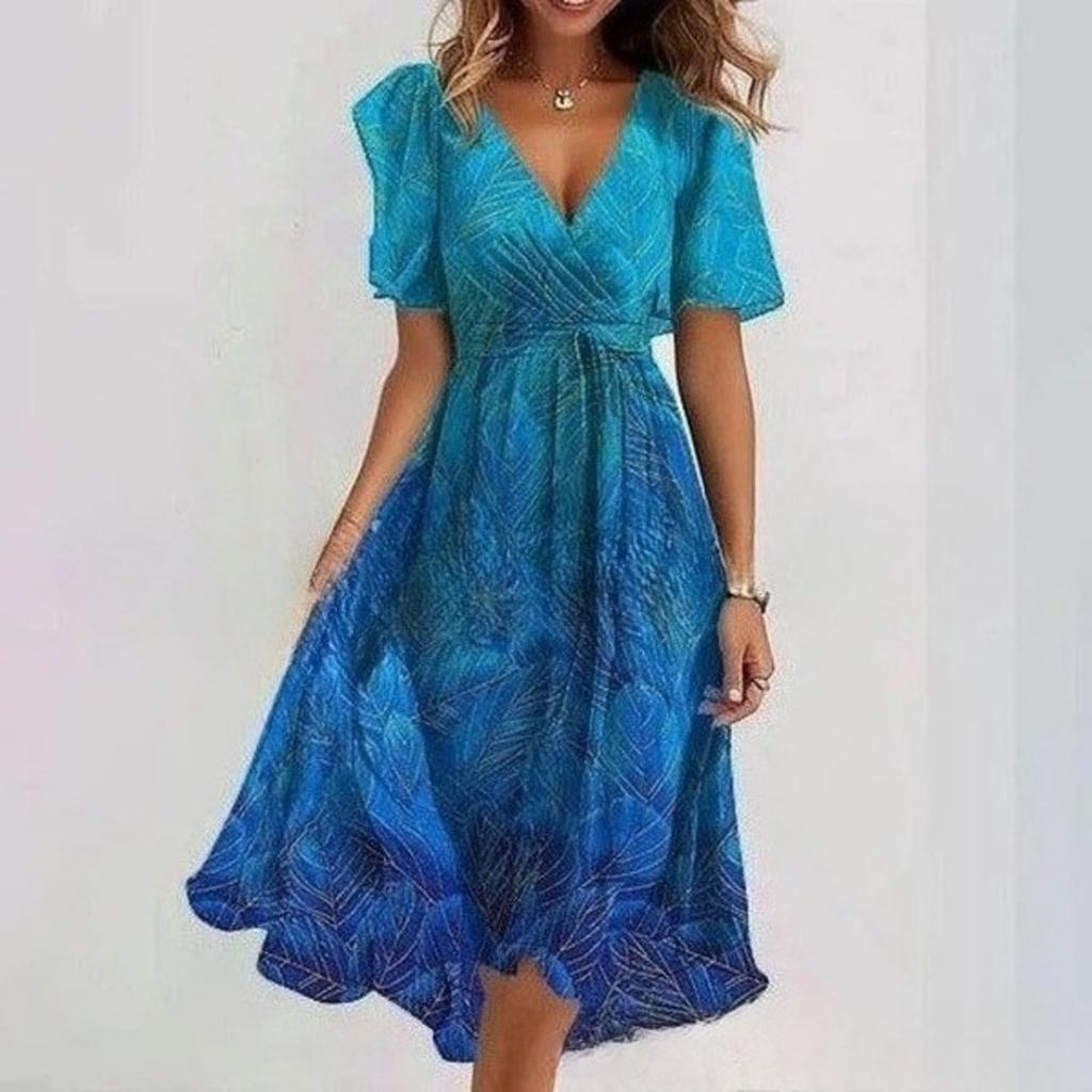 Rochie Maxi A-Line de Damă cu Gât Rotund, Mânecă Scurtă, Imprimeu 3D și Finisaj Spălat cu Nisip