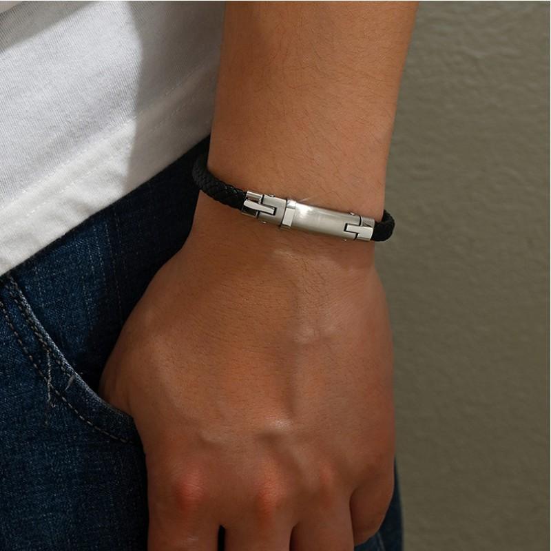 Trendy Cool Black Leather Rope Woven Bracelet Steel Contrasting Color Simple Personalized Versatile Internet Famous Niche Accessory