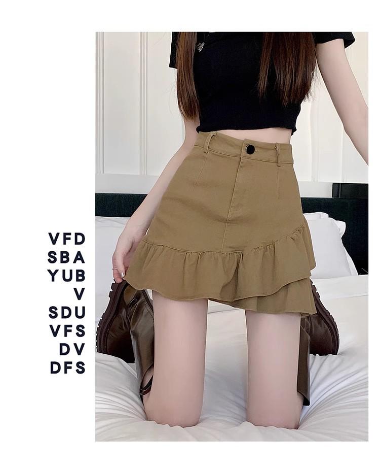 Damen Schwarzer High Waist A-Linien Midi-Rock mit Rüsche - Frühling/Sommer Schlankmachendes und Anti-Expositions-Design