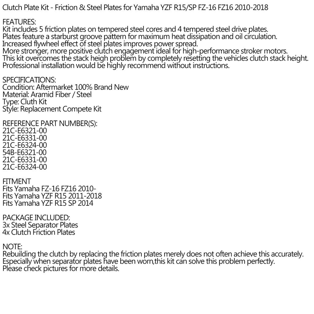 Clutch Kit Iron Friction Plates for Yamaha YZF R15/SP FZ-16 FZ16 2010-2018