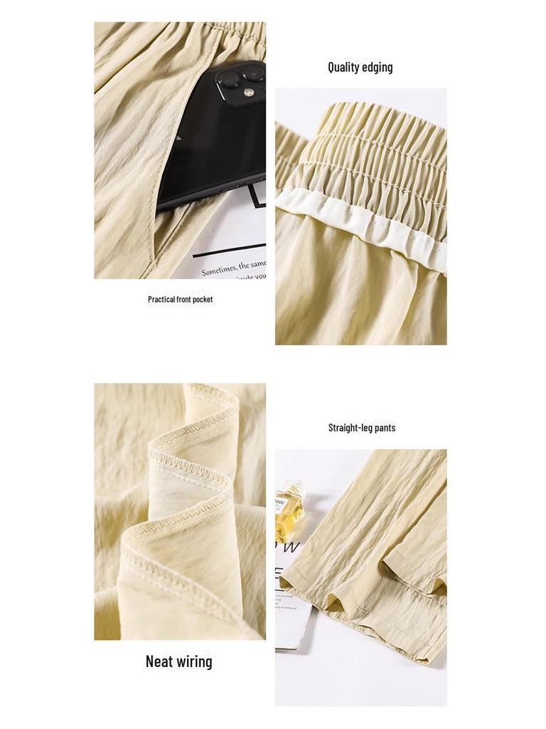 Pantalones de Verano para Mujer de Cintura Alta y Pierna Ancha: Ligero, Texturizado, Casual de Mezcla de Lino Estilo Japonés