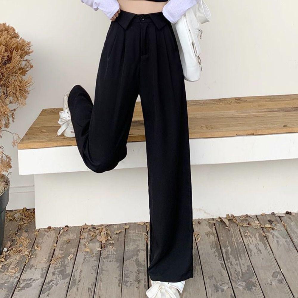 Loose Casual Pants Women Workout Trousers Wide Leg Pants Retro Flip Up Suit Pants  Female