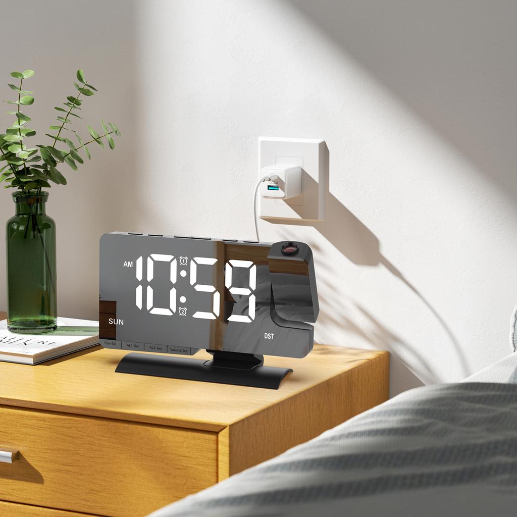 LED Digital Alarm Clock with Time Projection, Dual Alarms, USBCelsiusType-C Charging Ports, 6-  Dimmable, Daylight Saving Time (DST), Snooze