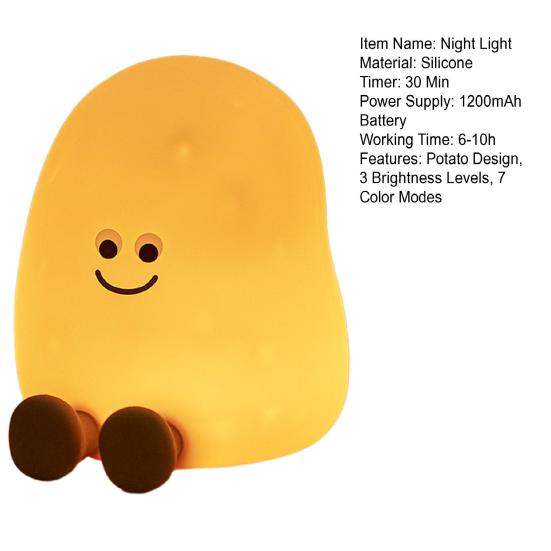 Kids Night Light with 3 Brightness Levels And 7 Color Modes Potato Design Soft Silicone Touch Rechargeable 30-Min Timer Bedside Lamp