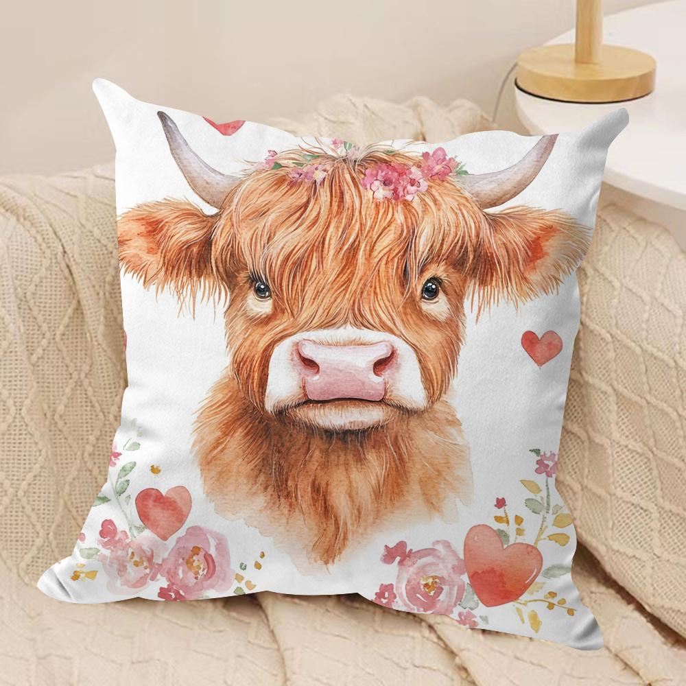 Capa de Almofada Vaca das Terras Altas e Flor Tecido de Pelúcia Macio Capas de Almofada Impressas em Ambos os Lados para Todas as Estações Decoração de Casa