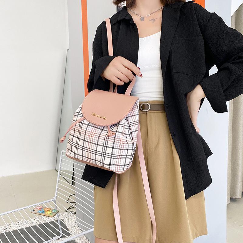 Guangzhou Women's Bag Summer Printing Plaid Color Scheme Drawstring Bucket Backpack Simple Mobile Phone Bag