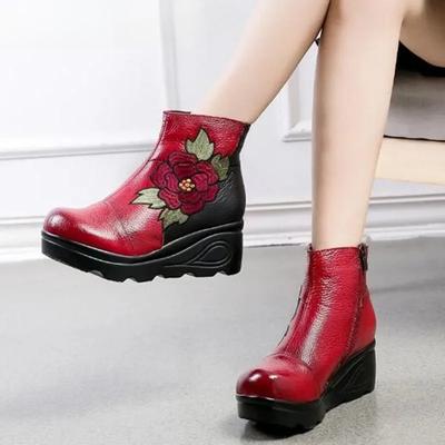 2025 Luxury Genuine Leather Ankle Platform Wedge Embroidered Autumn Winter Women Plush Boots Ethnic ZIP Warm Shoes