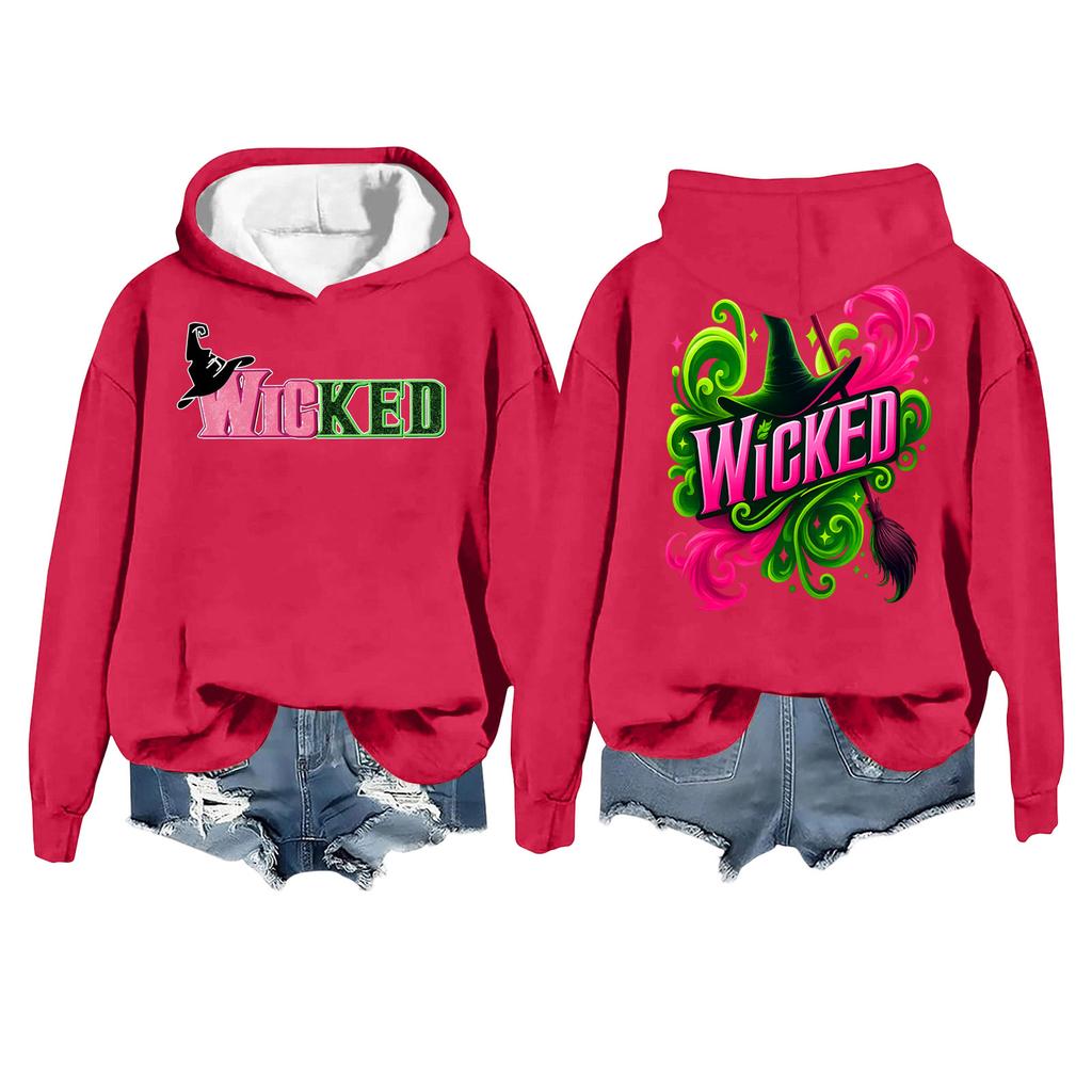 Women's Casual Long Sleeve Pullover Witch Print Hooded Sweatshirt