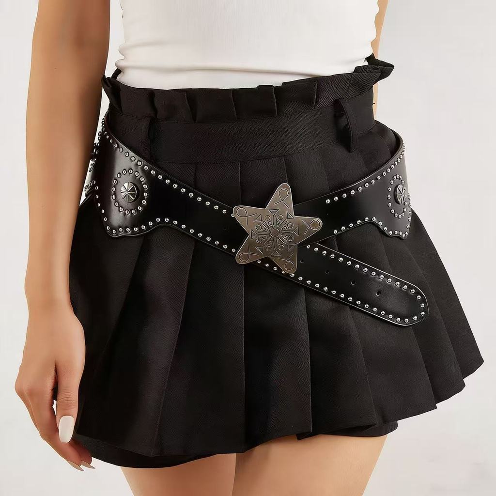 Punk Style Starry Sky Buckle Pu Leather Wide Belt For Outdoor Fashion