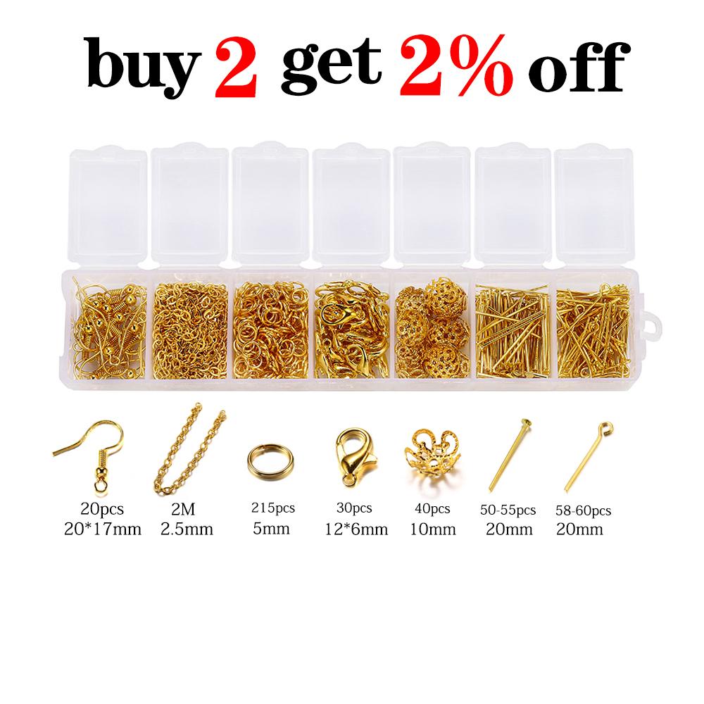 420 Stück/Karton Schmuckherstellungs-Kits Halsketten-Ketten Ohrhaken Kopf-Nadeln Biegeringe Karabinerverschluss DIY Schmuckzubehör Set Zubehör