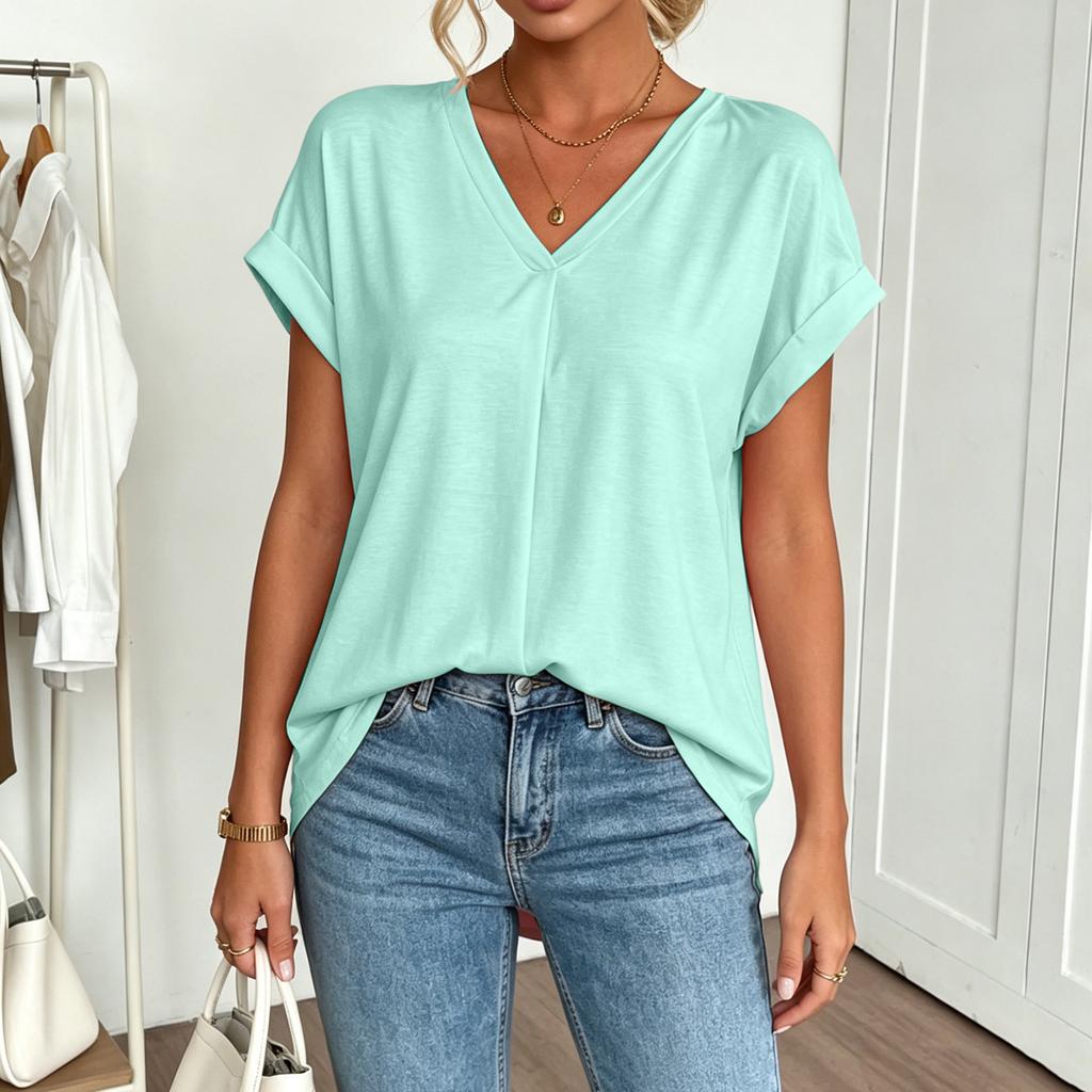 Women's Summer Short Sleeve Top V Neck Back Pleated Detail Lightweight Blouse Casual Loose Fit Shirt for Daily Wear