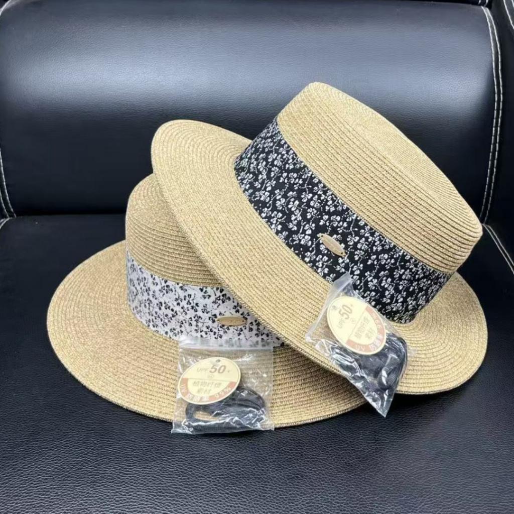 2026 light luxury small floral beach straw hat women's summer flat top straw top hat showing face small outdoor sunscreen visor