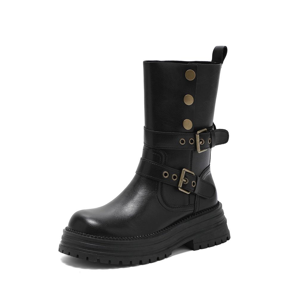 Spot version~ Black leather Martin boots for women, thick heels and thick soles can be folded for two wear, retro western boots and short boots.
