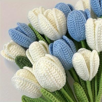 6 Piezas Tulipanes Falsos Ramo de Flores Artificiales para Decoración Tulipán Ganchillo Ramo de Flores Eternas para Decoración de Mesa Hecho a Mano con Tallo y Hoja Tulipán