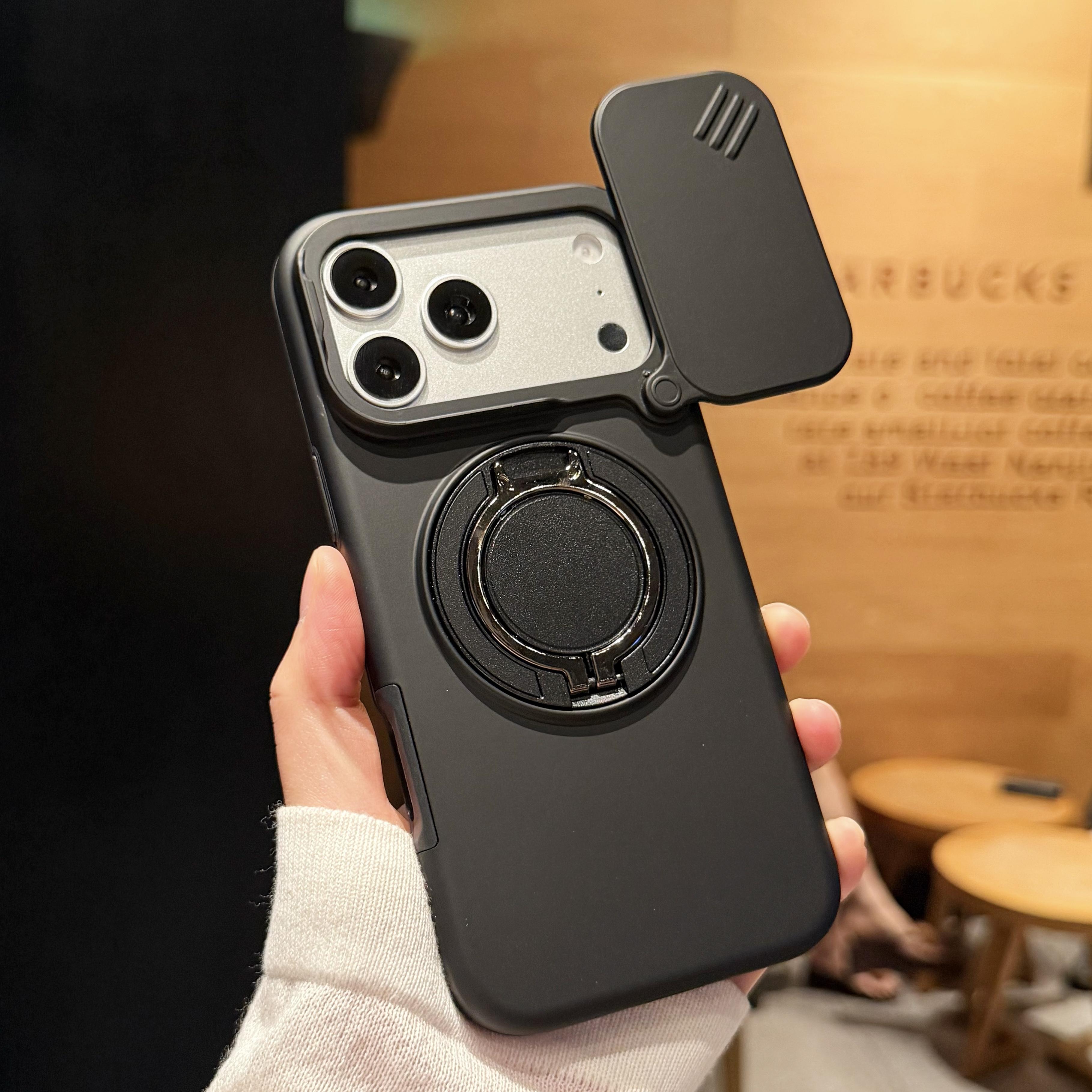 

Для iPhone 17 Pro Max Модный Гибридный Прочный Ударопрочный Чехол-Подставка с Кольцом для Телефона Задняя Крышка + Защита Линзы For iPhone 17 Pro Max чёрный