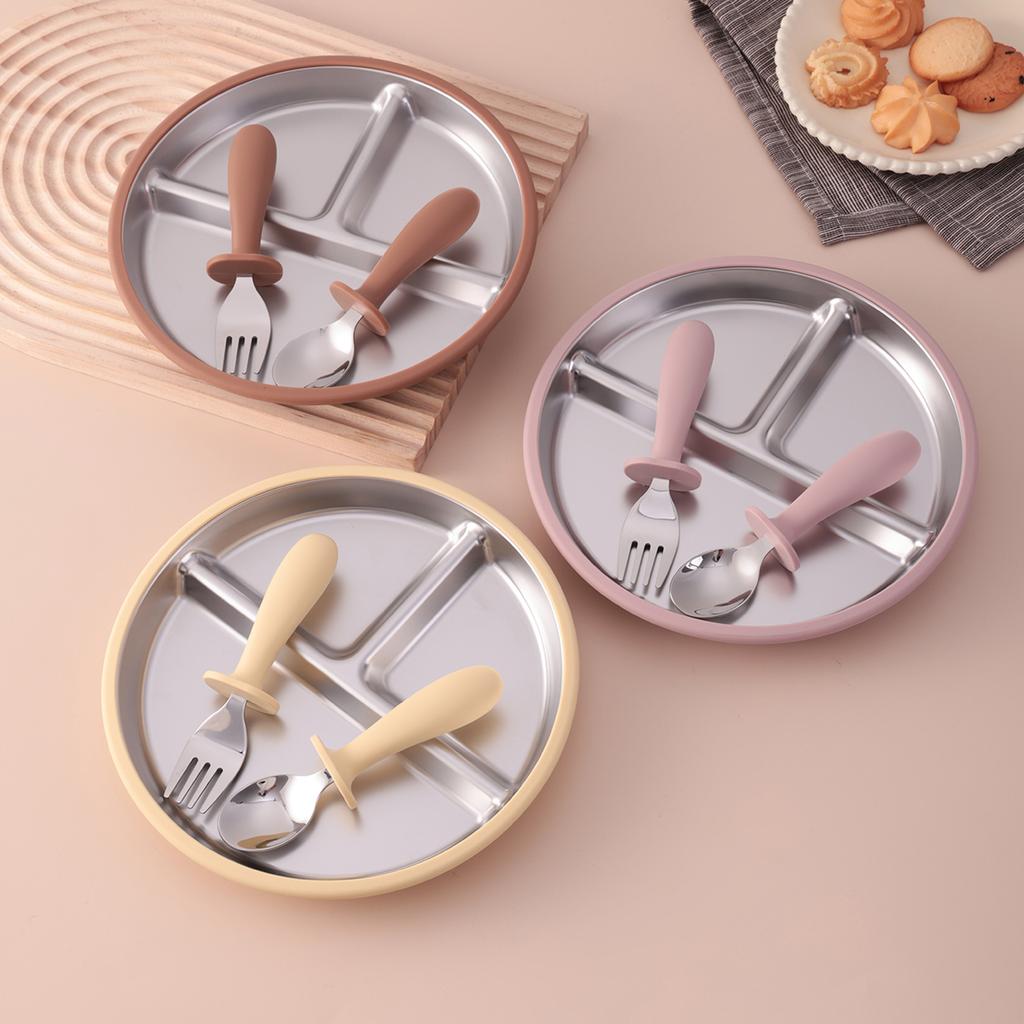 Color Kids 3PCS Stainless Steel Feeding Set Divided Plates With Silicone Sucker Toddler Training Fork Spoon BPA Free Tableware