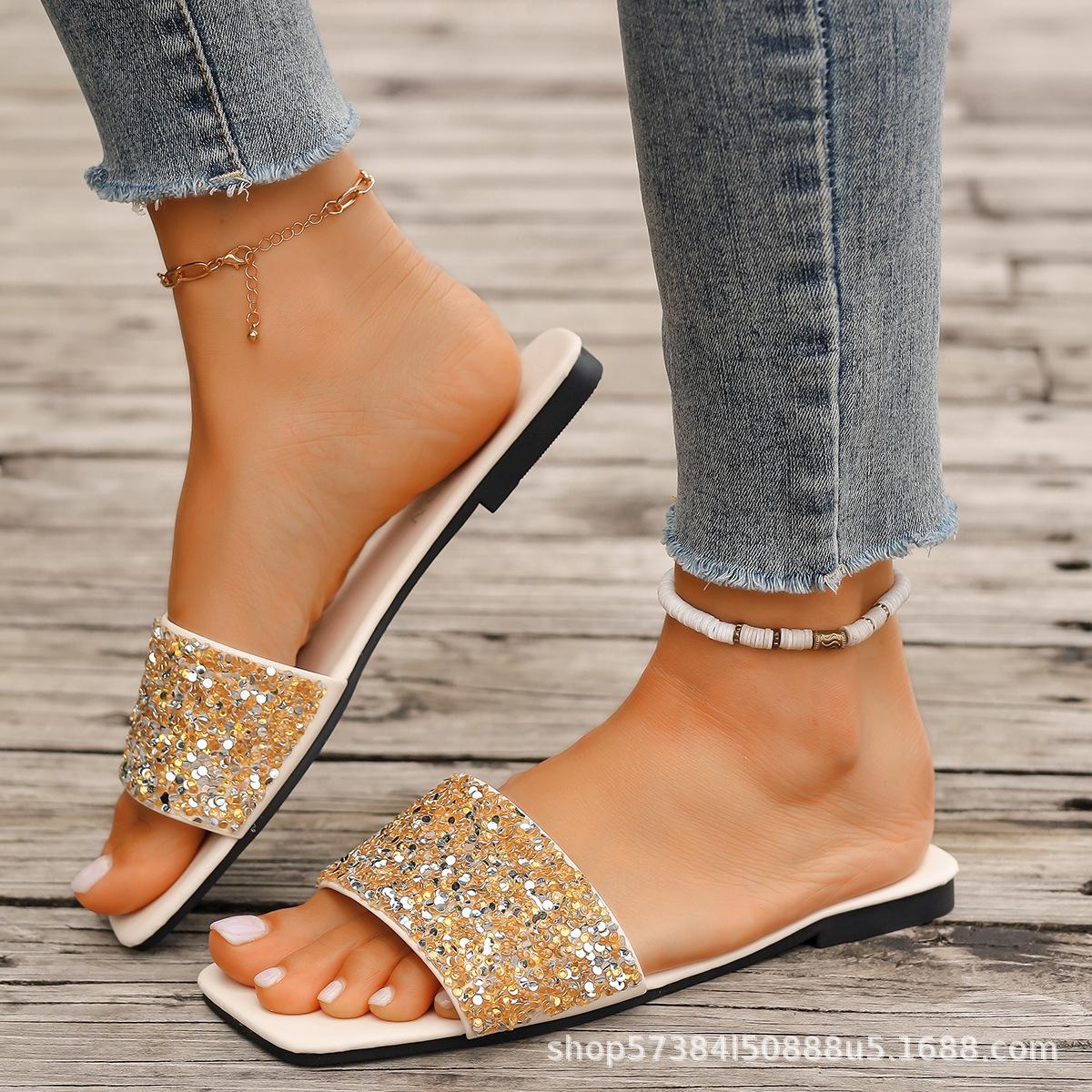 

Summer new Korean version fashion square head foot flat bottom fashion casual large size women s Roman one-character bright 43 золотий