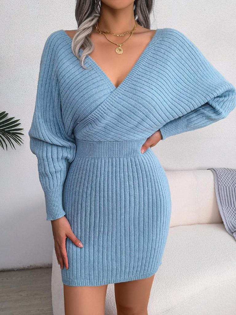 Svetrové šaty s výstřihem do V a křížením, jednobarevné, elegantní, s dlouhým rukávem, bodycon, volné šaty, ležérní netopýří šaty