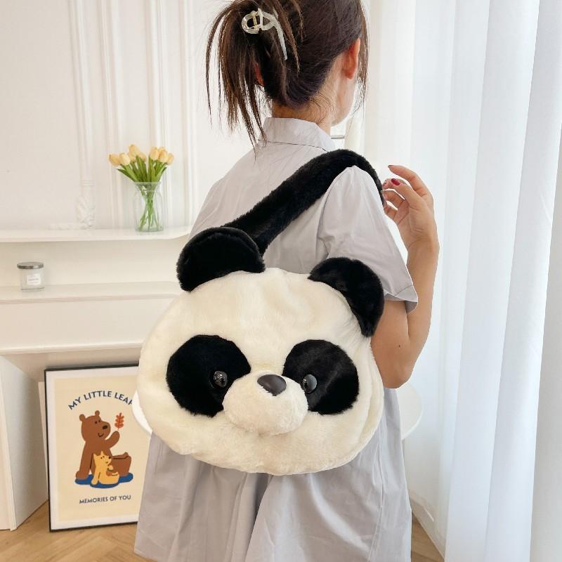 Furry Panda Embroidered Hugging Bamboo Diagonal Cross Backpack For Use Daily