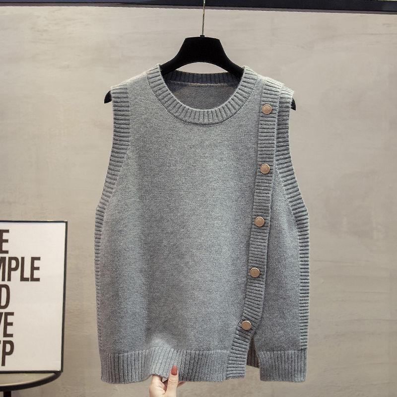 

Весна и осень женский круглый вырез вязаный жилет трикотажный женский короткий безрукавный топ свободный L серый