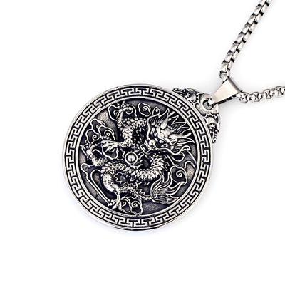 Hip Hop Chinese Dragon Embossed Round Pendant Necklace for Men and Women - Titanium Stainless Steel.