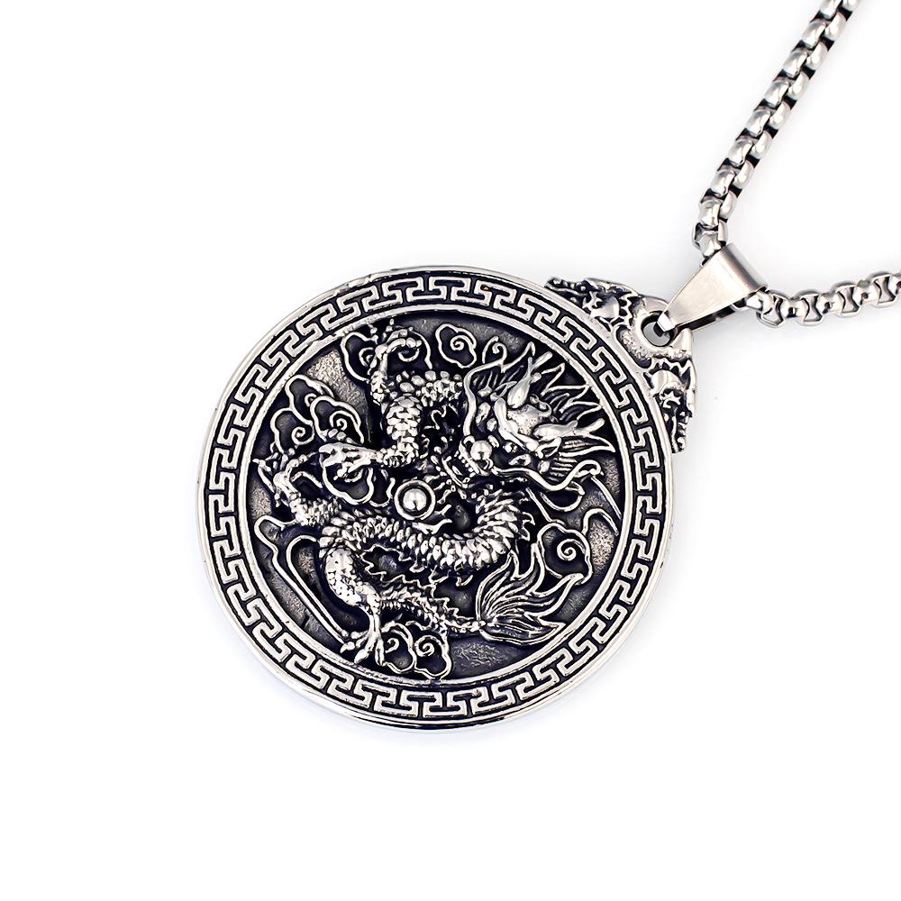 Hip Hop Chinese Dragon Embossed Round Pendant Necklace for Men and Women - Titanium Stainless Steel.