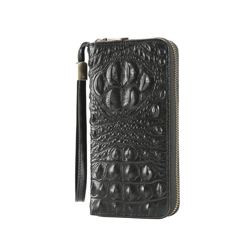 Vintage Crocodile Embossed Leather Long Wallet for Men, Retro Large Capacity Zipper Clutch Bag with Wrist Strap for Travel