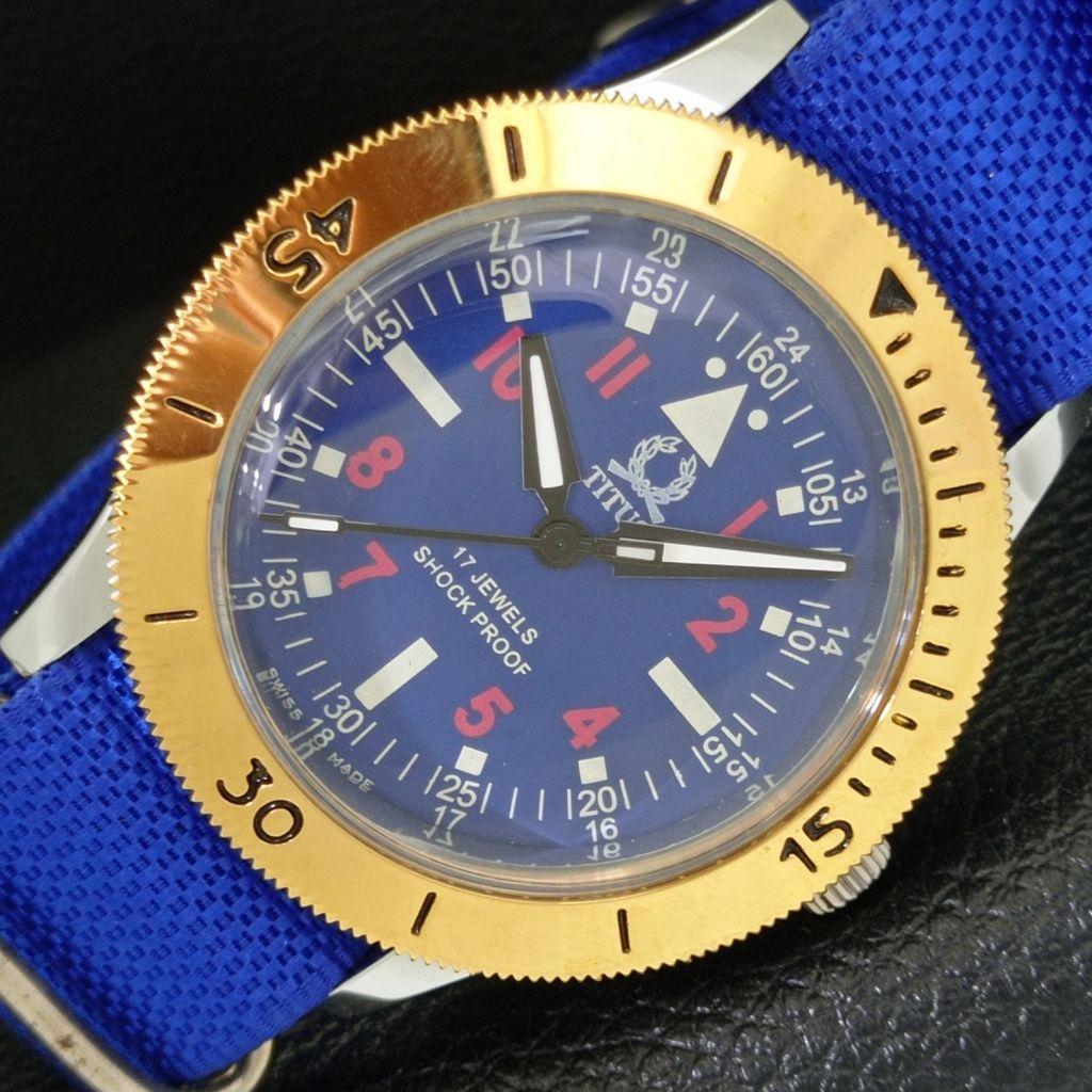 

SWISS MENS VINTAGE TITUS HAND-WINDING TURNABLE BEZEL BLUE DIAL WATCH a700034-5 R201-a700034