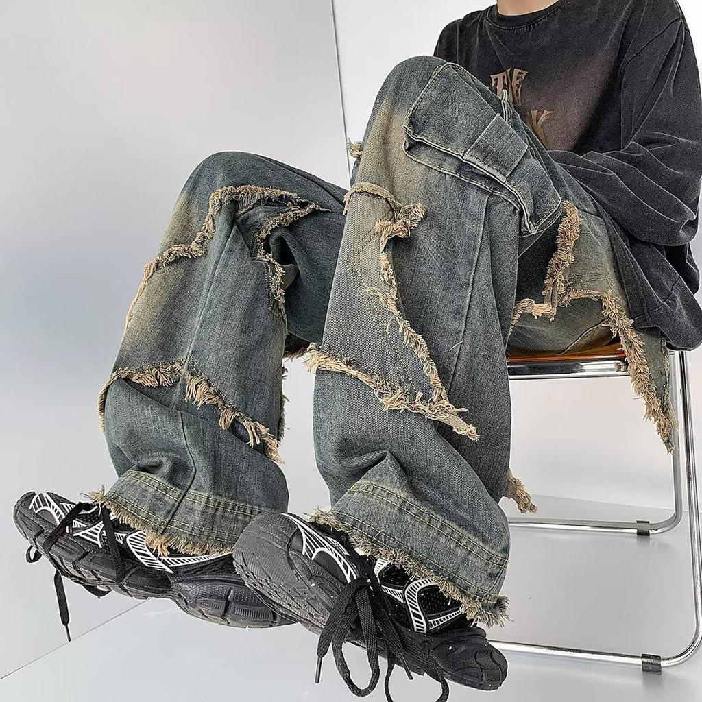 American Retro Men's Star Raw Edge Washed Loose Straight Jeans