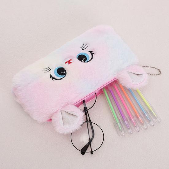 Stationery Box Flannel Pencil Case Zipper Closure Portable Cat Pattern Makeup Pouch Large Capacity