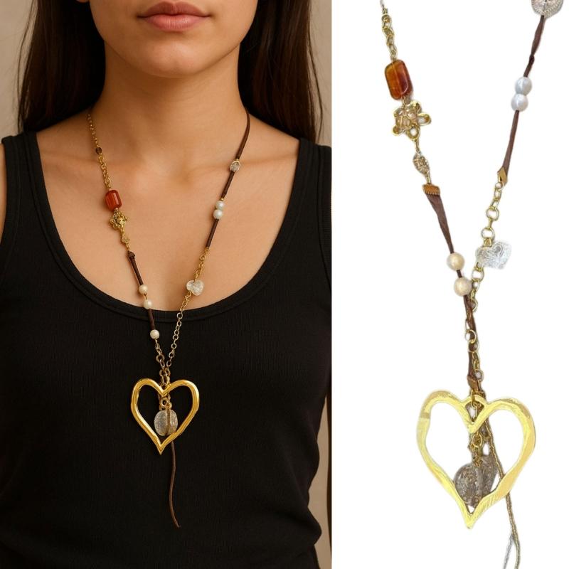 Artistic Gold Tone Heart Ethnic Necklace Long Layering Chain Winter Accessory For Sweaters And Coats Alloy Jewelry