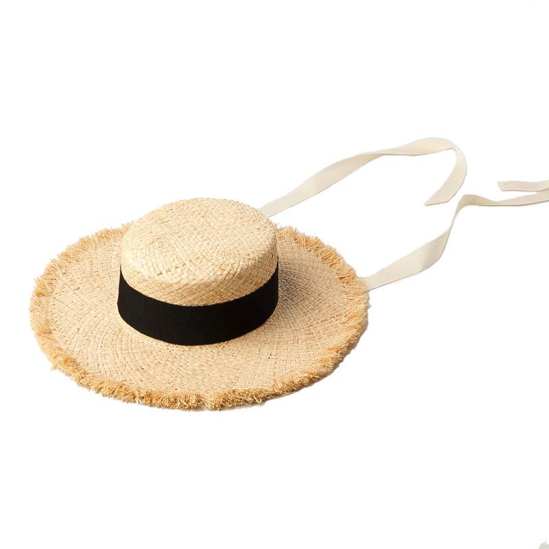 European and American spring and summer new models with straps, hand-woven thickened edged raffia flat top hat, sunshade beach raffia straw hat