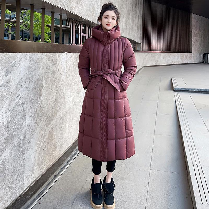 Large size cotton-padded clothes for women over the knee, long slim and thin belt, solid color fashion cold-proof clothes, large cotton-padded clothes