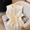 light grey round neck pearl button knit vest with lace trim and drawstring for women
