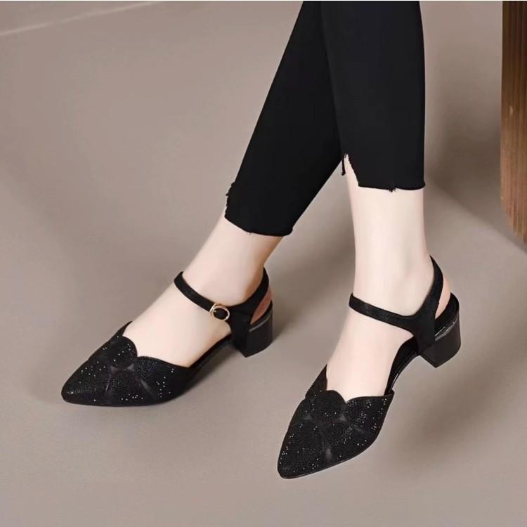 2025 summer new pearl rhinestone bag head medium high heel sandals women's thin heel fashion wrap bag heel large size women's shoes