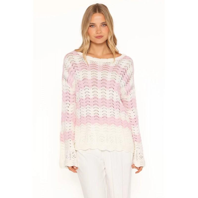 Womens Pink White Gradient Knit Sweater One Shoulder Flared Sleeve Pure Style Loose Fit