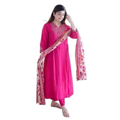 Rosa Stickerei Designer Kurti Hosen Dupatta Set Indisches Damen Ethnisches Kurta Set