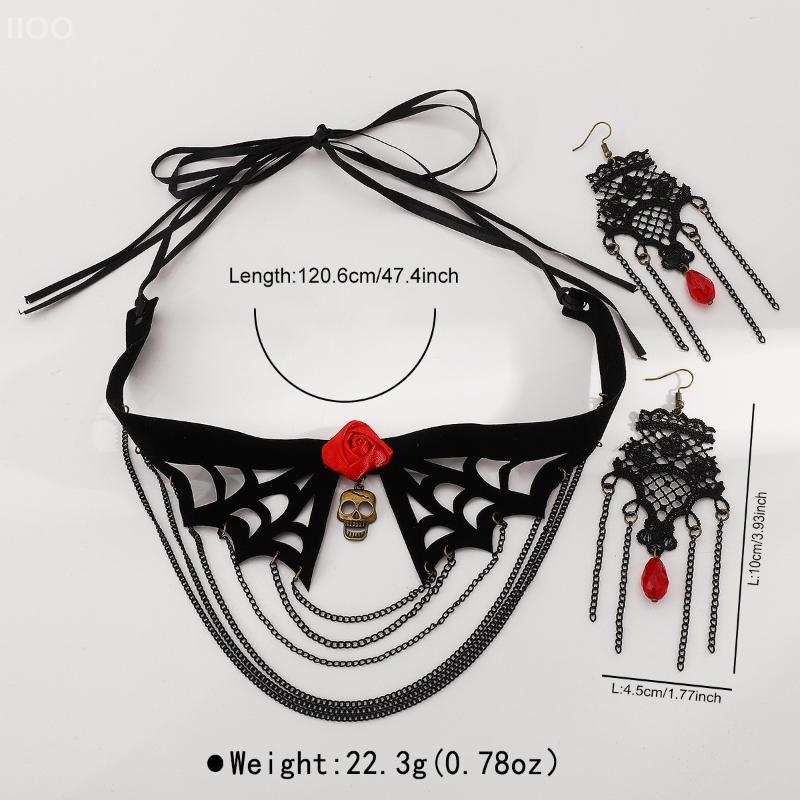 Lace Spider Web Design Necklace Earrings Set Retro Gothic Style Black Lace Choker Necklace Halloween Jewelry