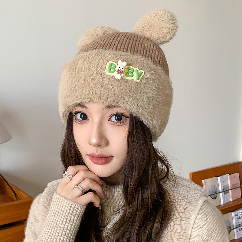 Cute plush bear hat women's autumn and winter warm versatile pullover cold hat fashionable thickened knitted ear protector wool hat
