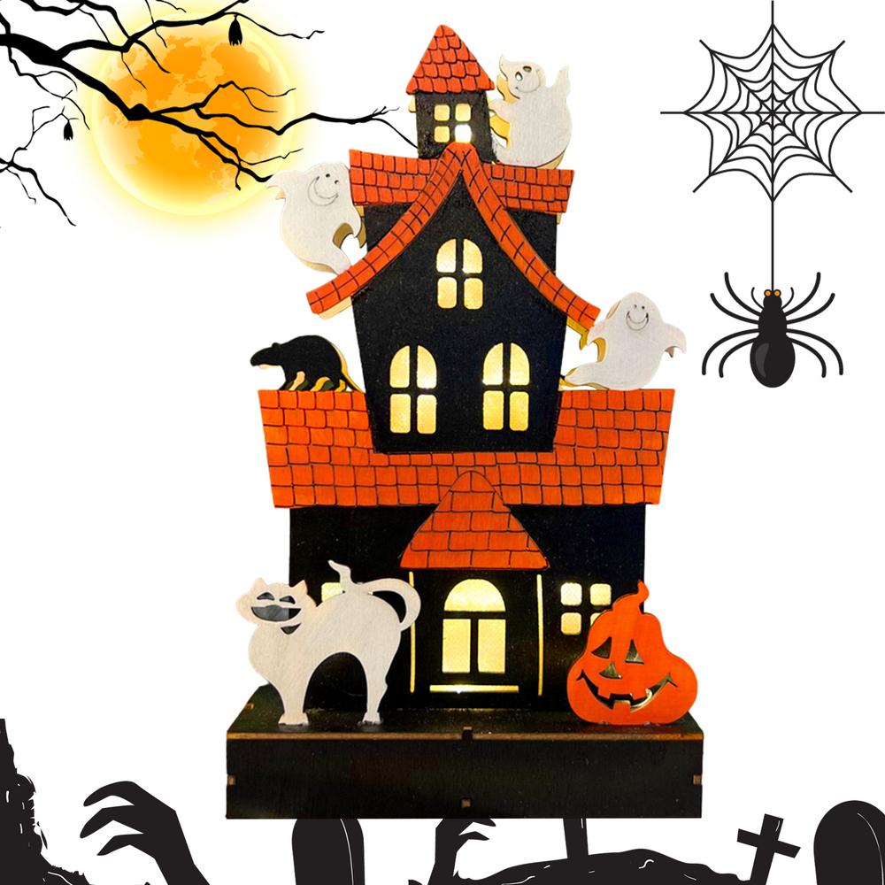 Light Up Haunted House Halloween Themed Table Topper Wooden Spooky Tabletop Light Battery Operated Ghost House Decoration
