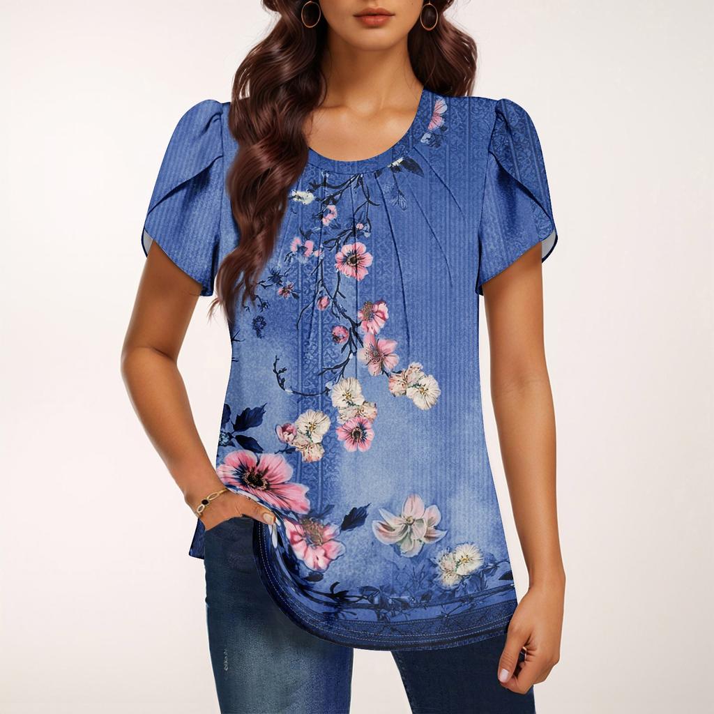 Damen Modisches Rundhals Kurzarm Bedrucktes Lässiges Basic Plissiertes Pullover T-Shirt Top