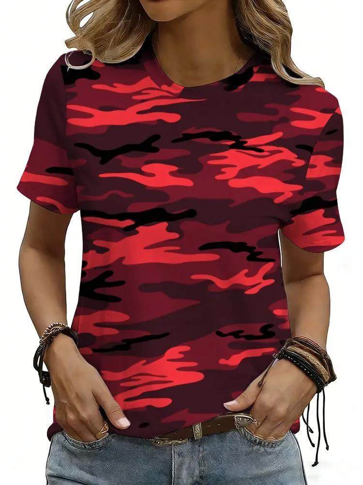 Camouflage T-Shirts Camo 3D Print Women's Casual Short Sleeve Round Neck T Shirt Harajuku Tees Street Y2k Tops Female Clothing