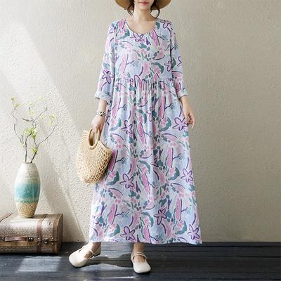Herbstlich Literarisch Übergröße Locker Baumwolle Leinen Bedruckt Rundhals Langärmlig Kleid für Frauen Kleider