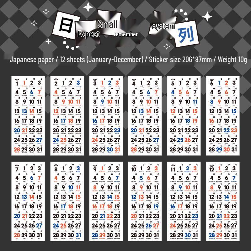 365-Day Adhesive Journal Calendar Stickers - 12 Sheets for Notebook & Decoration.