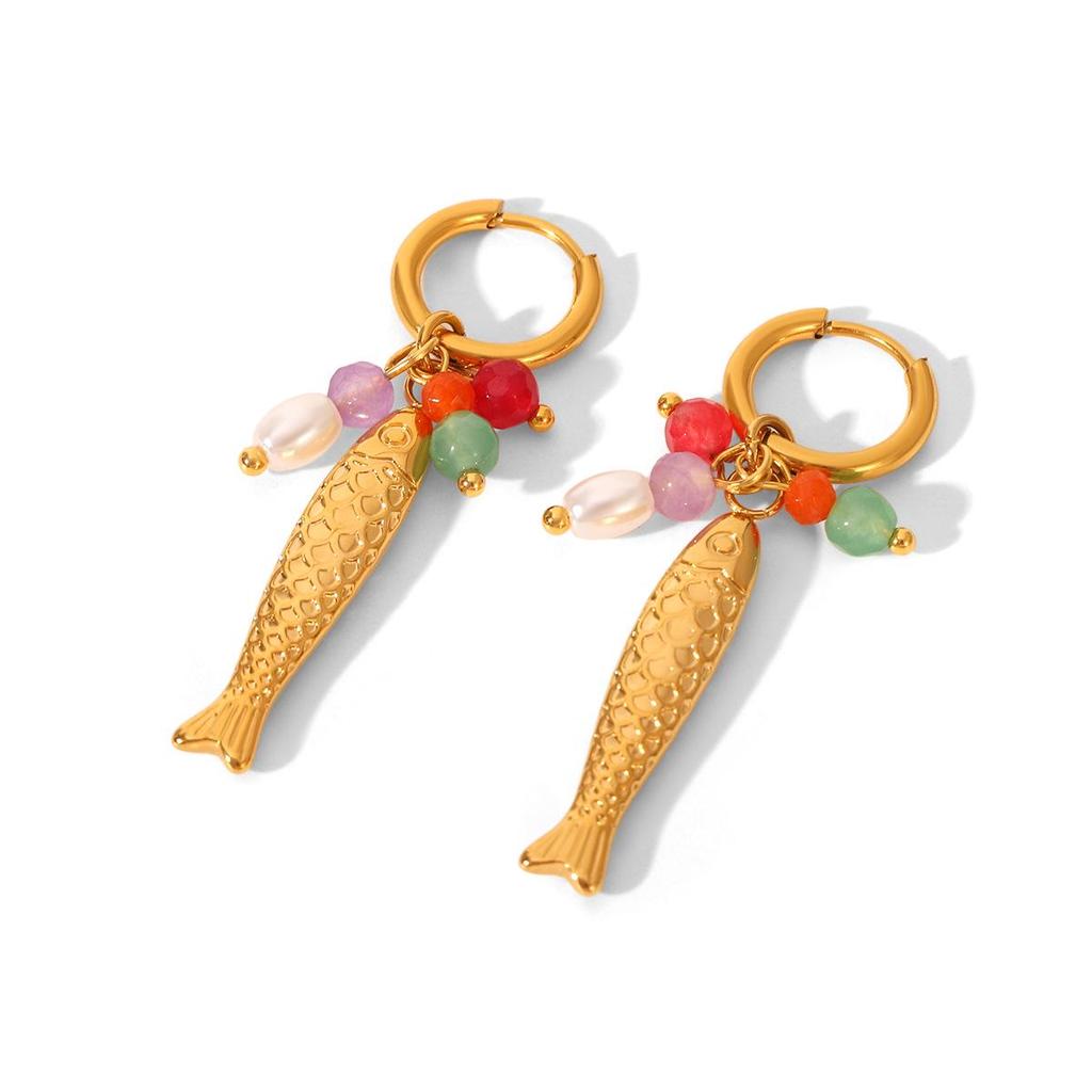 European and American Style Colorful Pearl Fish Earrings in 18k Gold and Titanium Steel